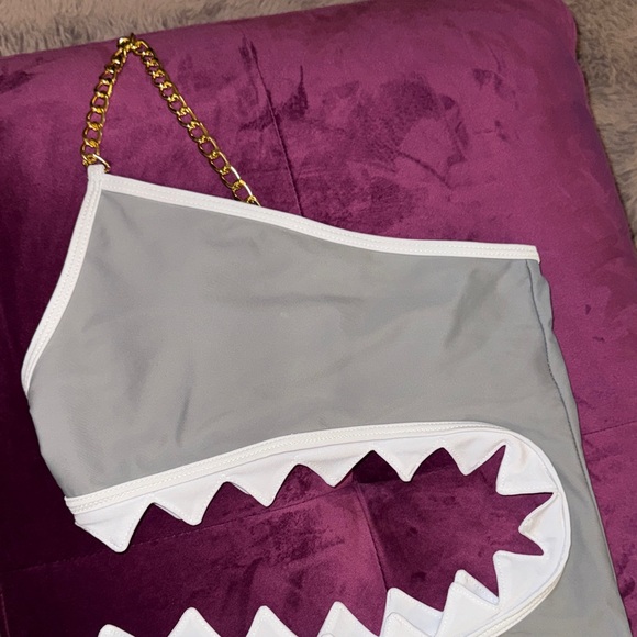 Gray Shark Bite White Teeth Open Side Bathing Suit One-Shoulder Swimsuit Gold S - Picture 10 of 11